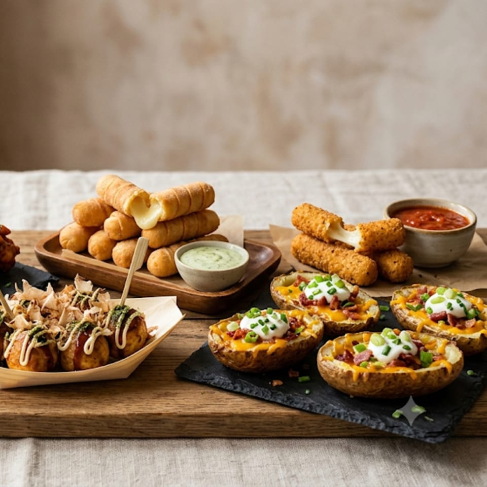 Assortment of takoyaki, tequeños, mozzarella sticks, and loaded potato skins with dipping sauces on a wooden board.