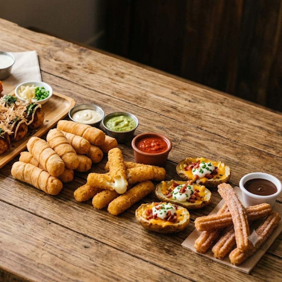 Assortment of appetizers including takoyaki, tequeños, mozzarella sticks, potato skins, and churros on a wooden table.