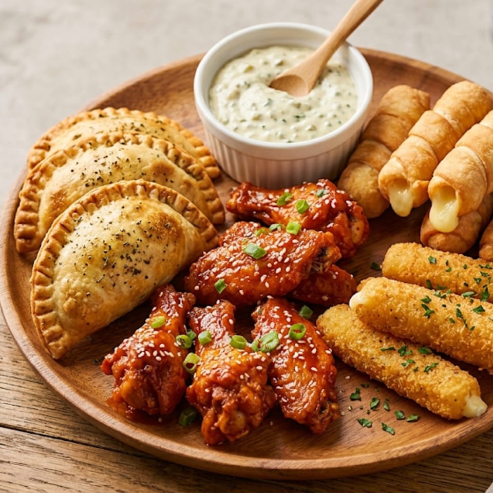 Appetizer platter with empanadas, sticky chicken wings, oozing cheese sticks, and a creamy dip.